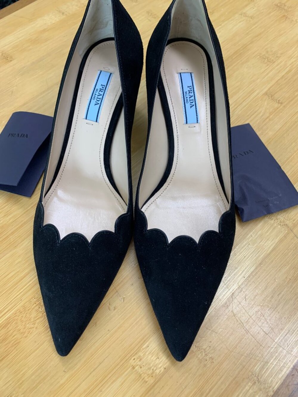Brand new Prada pointy toe, kitten heel, scallop vamp black suede shoes, size EU